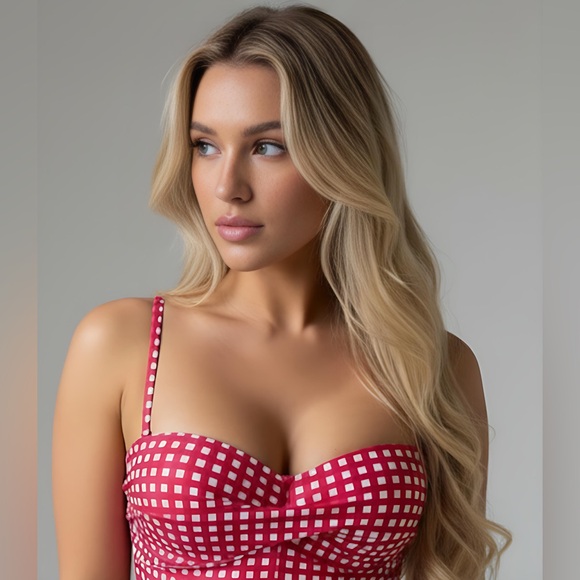 Gingham Twist Push Up Bra & High Waisted Bottom Bikini Red/Wht - Picture 2 of 6